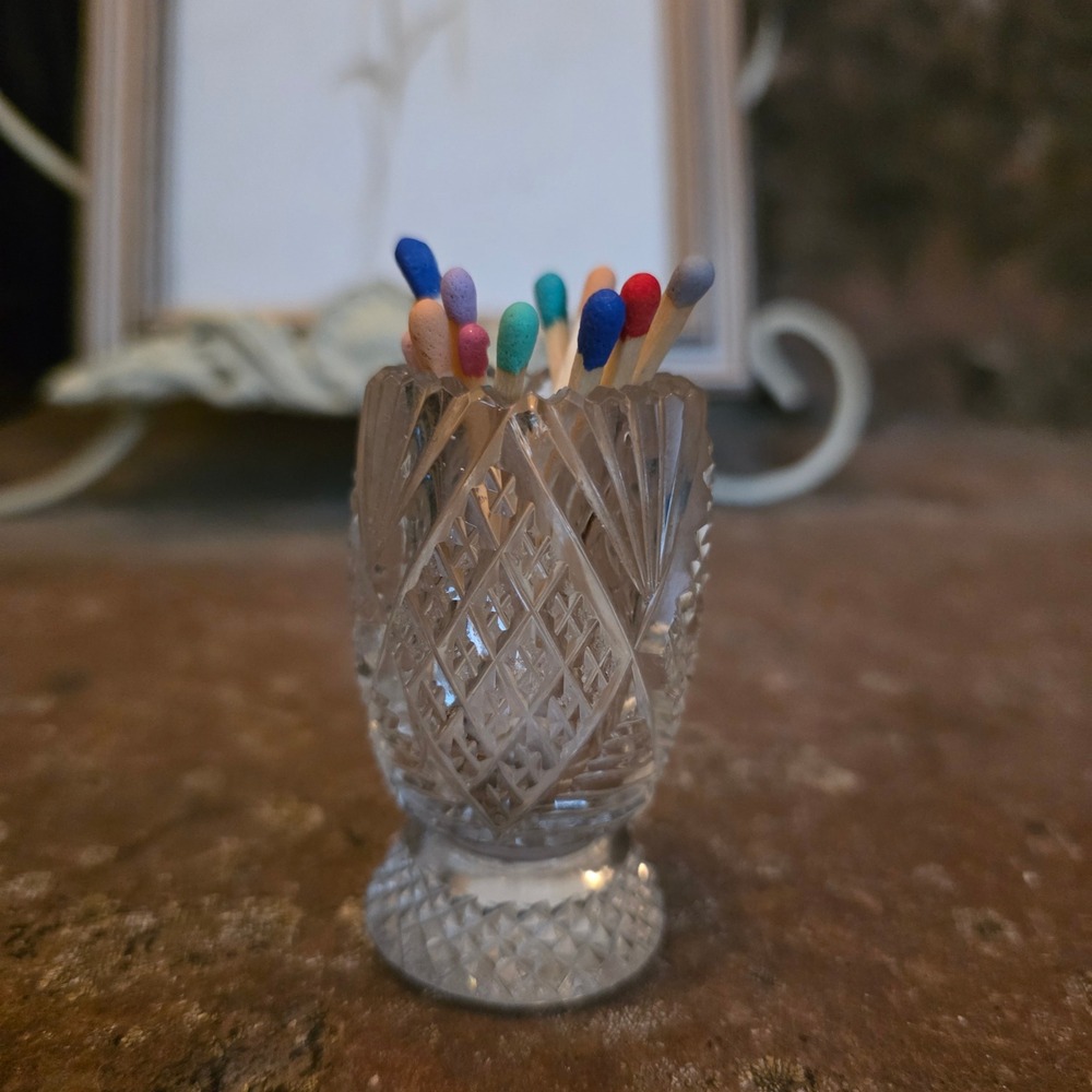 Vintage Cut Glass Toothpick matches Holder strike Diamond Pattern Pedestal Base